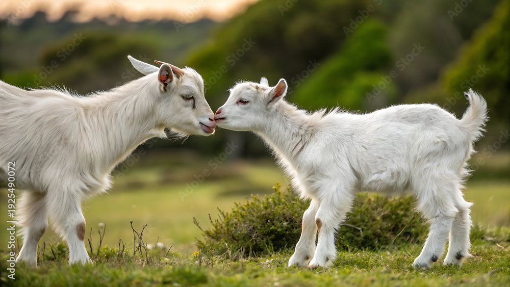 Fototapeta premium Two Cute Baby Goats Playing in a Grassy Field at Sunset