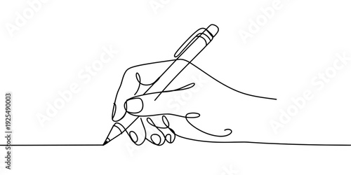 Minimalist Line Drawing of Hand Writing with Pen