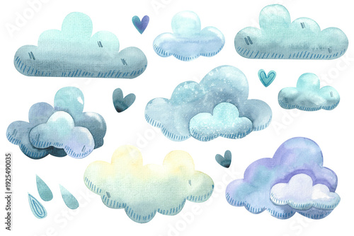 Set of hand-drawn watercolor clouds. Children's illustrations of fluffy skies with a weather theme. A dreamy sky in a simple style.