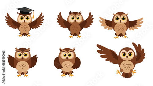 Set of six cute owl characters in different poses including one wearing a graduation cap and others with spread wings in brown shades.