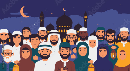 Diverse Muslim community gathering at night.