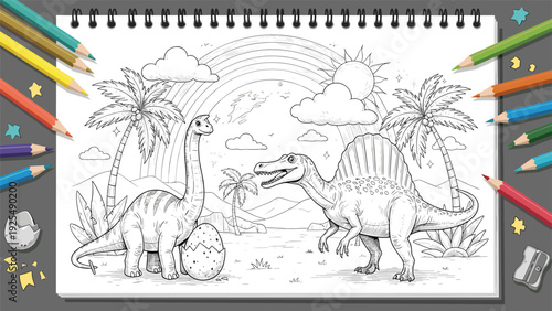 Detailed coloring book page featuring two dinosaurs in a prehistoric landscape with palm trees, a volcano, and a rainbow in a sketchbook.
