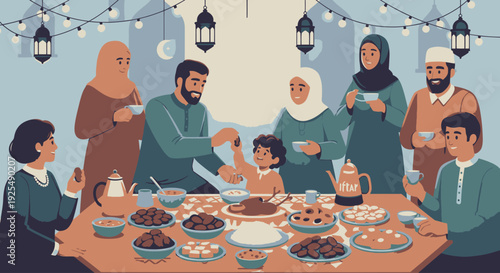 A Muslim family gathering for iftar during Ramadan with traditional food and drinks.