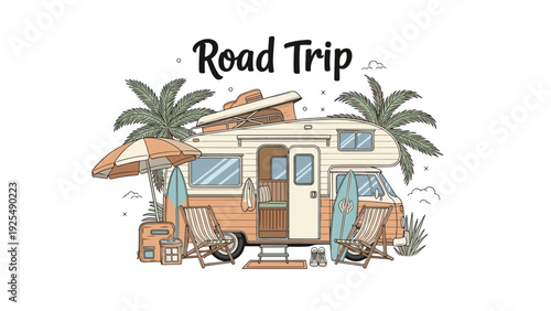 Vintage style illustration for a road trip featuring a classic motorhome camper parked near palm trees with beach chairs and surfboards.