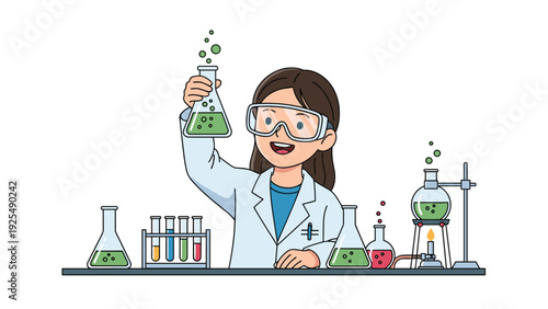 Young female student in a white lab coat enthusiastically holding up a flask of green bubbling liquid while performing experiments in a lab.