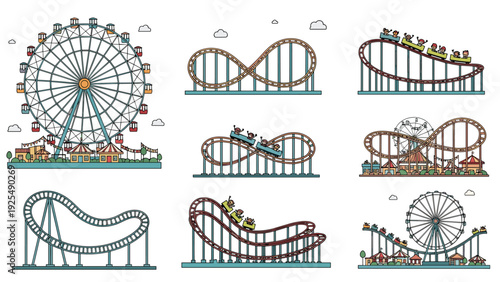 Variety of amusement park ride illustrations including different ferris wheels and several roller coaster tracks with tiny passenger cars.