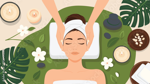 Relaxing spa scene showing a woman receiving a head massage with white flowers, green leaves, scented candles, and black massage stones.