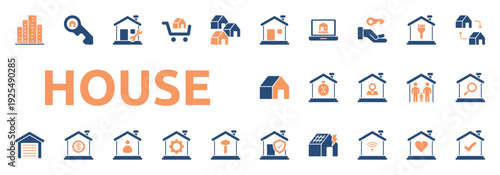 House icon two color style with property, key, renovation, property exchange, building, mortgage icons