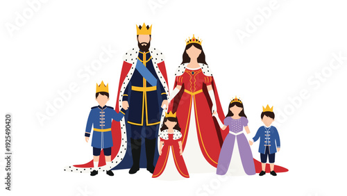 Royal family consisting of a king and queen with their four children stands together in formal regal attire and majestic crowns.