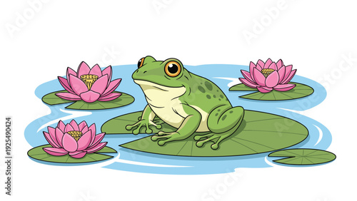 Green frog sits calmly on a large lily pad amidst blooming pink lotus flowers in a tranquil garden pond under a clear sky.