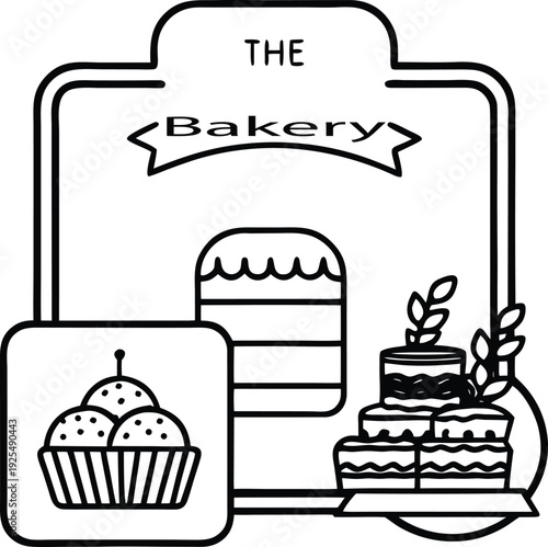 Bakery outline drawing with different desserts such as cakes, cupcakes and bread, also shop sign with text