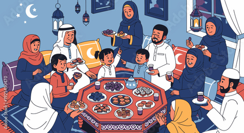 Muslim family gathering for iftar meal.