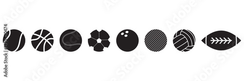 Sports Balls Silhouette Icon Collection Set Vector. Icons of various sports balls including tennis, basketball, soccer, golf and football arranged on white background.