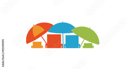 Beach chairs and umbrellas on sunny shore