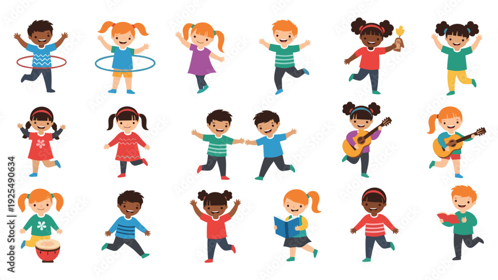 Fototapeta premium Multiethnic group of happy children characters engaged in fun activities like hula hooping, playing music, reading, and running together.