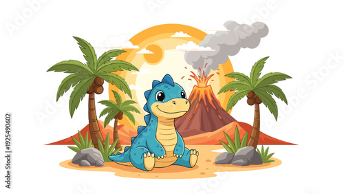 Adorable blue baby dinosaur sits peacefully in a prehistoric landscape featuring a smoking volcano and tropical palm trees.