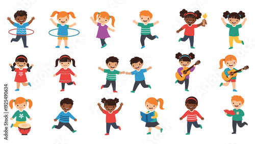 Multiethnic group of happy children characters engaged in fun activities like hula hooping, playing music, reading, and running together.