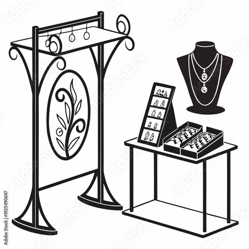 Black and white image of jewelry display