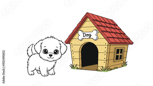 Cute white puppy standing next to its yellow wooden doghouse with a red roof and a bone-shaped sign labeled Dog on a white background.