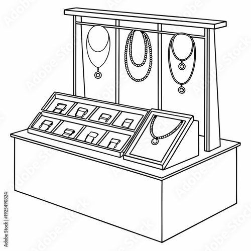 A display case for jewelry with necklaces and rings