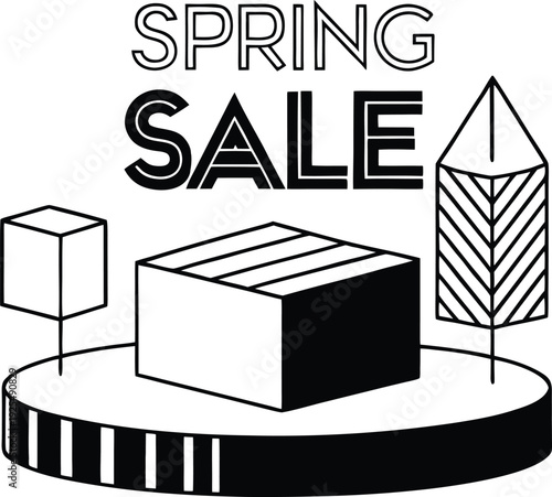 Spring sale promotional banner with geometric retail boxes and abstract trees on circular display stand for seasonal marketing