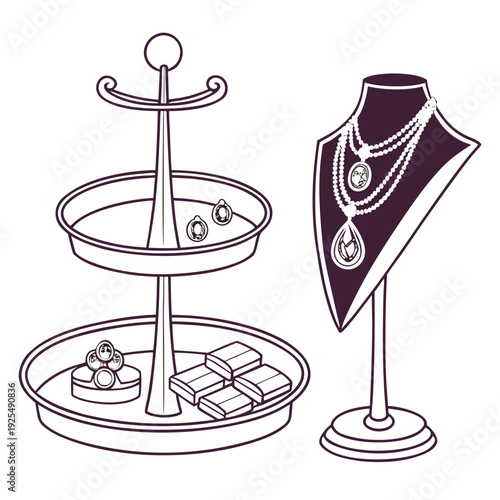 A display of jewelry on a necklace stand and tray