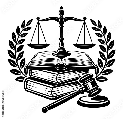 Scales Of Justice Legal Profession Symbol, Law Books And Gavel Silhouette, Judicial System Icon For Lawyers, Justice And Fairness Concept Illustration, Courtroom Equipment Graphic Design