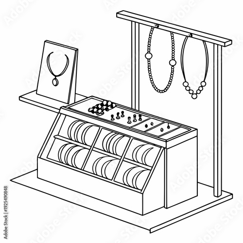 A display case for jewelry with necklaces and rings