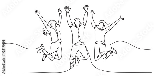 Three Friends Jumping Up in Air with Arms Raised in Celebration on White Background in One Line Art Style