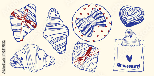 Hand drawn vector breakfast illustration set with croissants, pastries and sweets. Elegant outline style food collection for bakery menus, cafes, packaging and branding design.