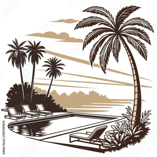 A serene beach scene with palm trees and a dock