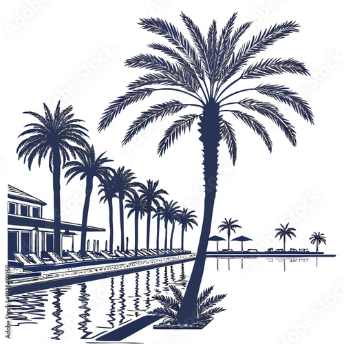 A serene tropical landscape with palm trees and a body of water