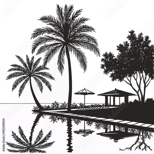 A black and white drawing of a tropical island with palm trees and a gazebo