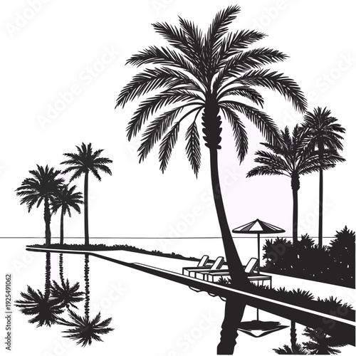 A black and white image of palm trees by the water