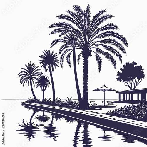 A tropical island with palm trees and a pier
