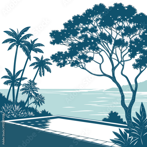 A tropical landscape with palm trees and a body of water