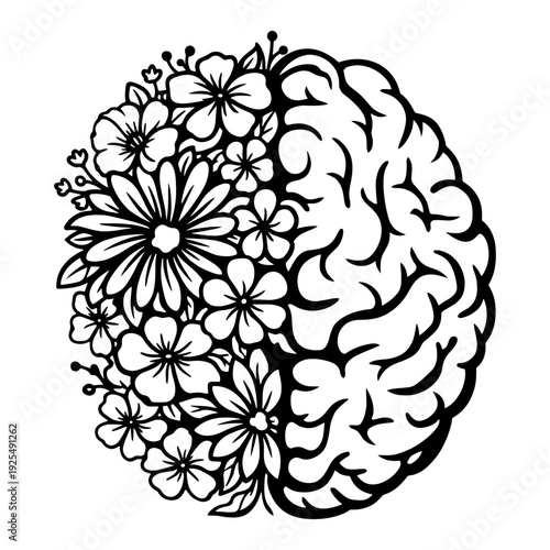 Human Brain Floral Illustration With Flowers And Leaves, Mental Health Awareness Graphic, Psychological Wellness Silhouette, Creative Thinking Artistic Brain Design For Printing, Mind Growth