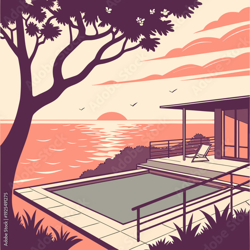 A serene poolside scene by the ocean at sunset