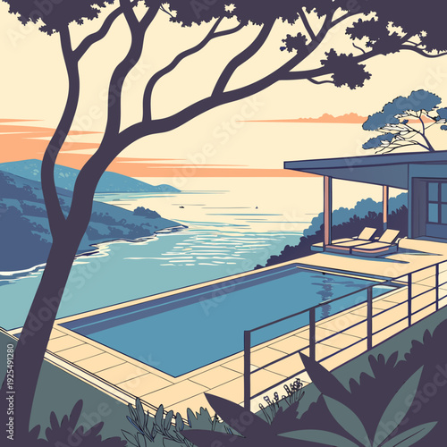 A serene poolside scene with a stunning ocean view