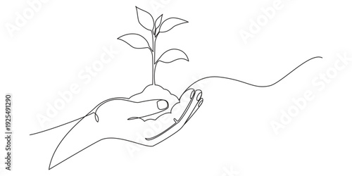 Continuous one line art drawing of man hand planting and farming seed plan tree vector illustration