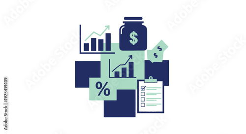 Flat illustration of a financial planning concept with various graphs, a piggy bank, and financial symbols on a clean background.