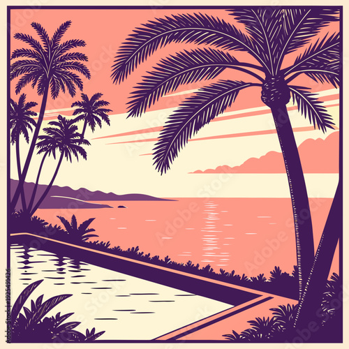 A serene tropical scene with palm trees and a body of water at sunset