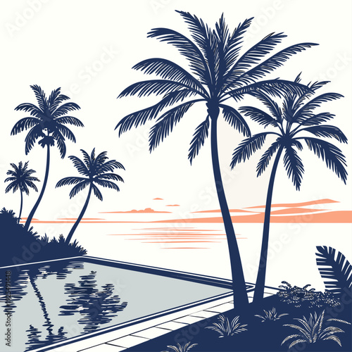 A serene tropical landscape with palm trees and a pool