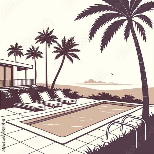 A serene poolside scene with palm trees