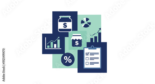 Flat financial planning concept with various icons on a green background, including money, graphs, and percentages.