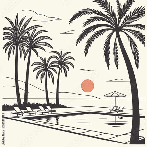 A black and white drawing of a tropical beach scene with palm trees