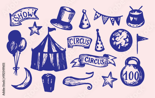 Circus Icons Collection Hand-Drawn Blue Ink Illustrations