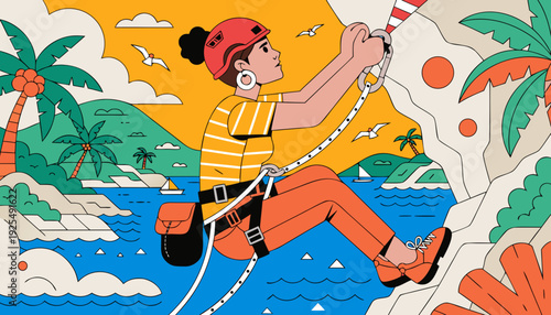 Very beautiful determined female climber ascending a sunlit rock face with blue ocean and lush tropical scenery below.
