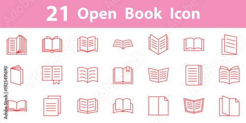 Set of 21 outline icons related to the book. Open textbook. Editable stroke. Reading and education symbols isolated line vector illustration.