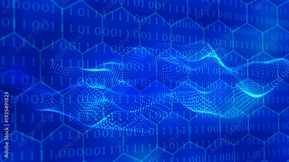 Fototapeta premium abstract blue technology background with shiny particle wave on hexagon grid with binary code, symbolic illustration for ai data center